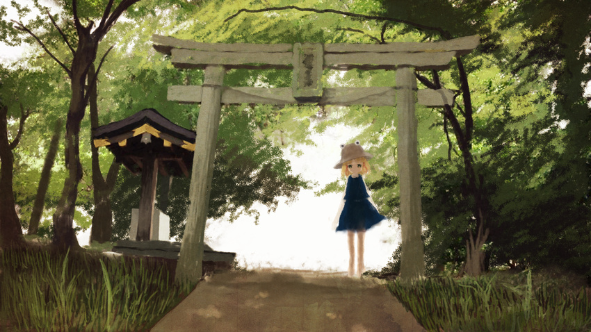 barefoot between_shizuki blonde_hair dress forest hat moriya_suwako scenic torii touhou tree