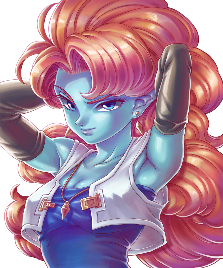 absurdres adjusting_hair armpits blue_eyes blue_skin breasts cleavage curly_hair dragon_ball dragon_ball_z elbow_gloves gloves highres jewelry long_hair medium_breasts necklace orange_hair pointy_ears solo upper_body vest yosui zangya