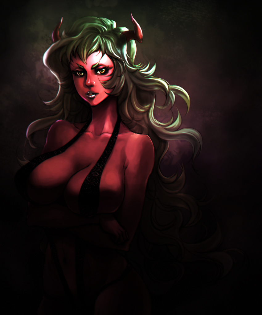 demon_girl drawfag green_eyes green_hair highres horns lipstick long_hair looking_at_viewer makeup multicolored multicolored_eyes navel non-web_source panty_&amp;_stocking_with_garterbelt red_skin scanty_(psg) solo yellow_eyes