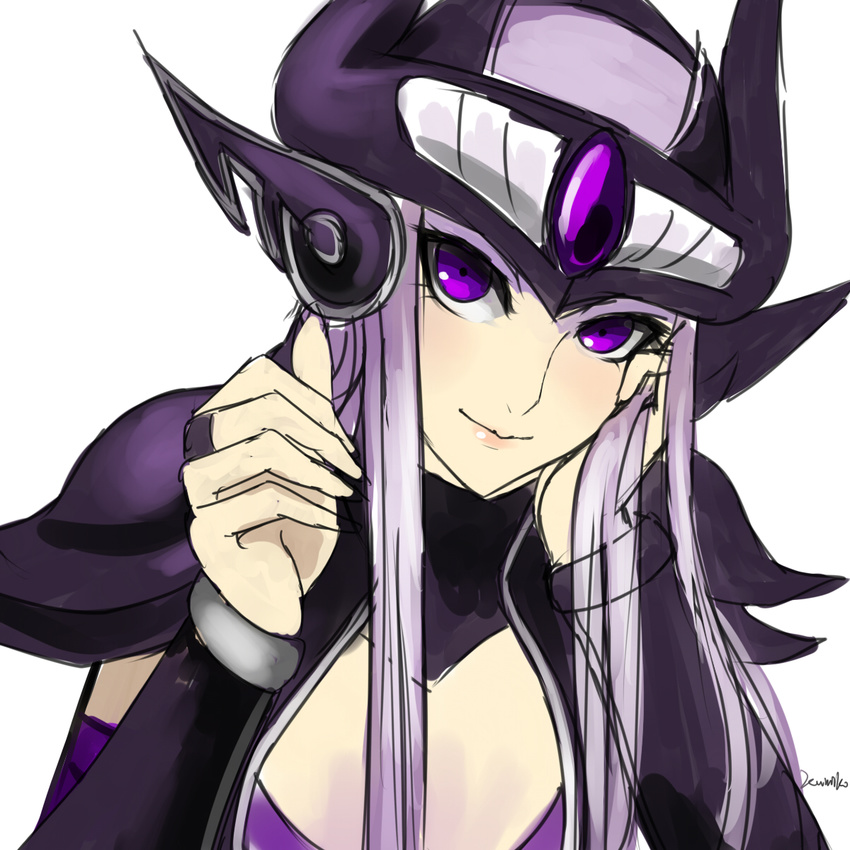 armor blush bridal_gauntlets chin_rest cleavage_cutout ear_protection forehead_jewel forehead_protector head_tilt highres kumiko_shiba league_of_legends lips long_hair looking_at_viewer pauldrons purple_eyes purple_hair smile solo syndra vambraces very_long_hair