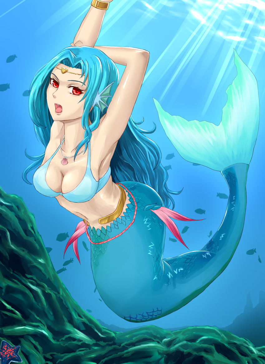 armpits arms_behind_head arms_up bad_id bad_pixiv_id bikini_top blue_hair bracelet breasts circlet cleavage fish head_fins highres jewelry light_rays long_hair looking_at_viewer medium_breasts mermaid monster_girl navel necklace open_mouth original pazuzu438 red_eyes scales seashell shell solo starfish sunbeam sunlight underwater