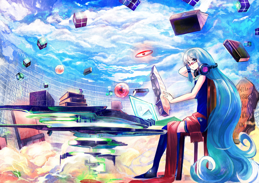 bespectacled book chair cloud day glasses hatsune_miku headphones headphones_around_neck jinichi long_hair sitting sky solo thighhighs very_long_hair vocaloid