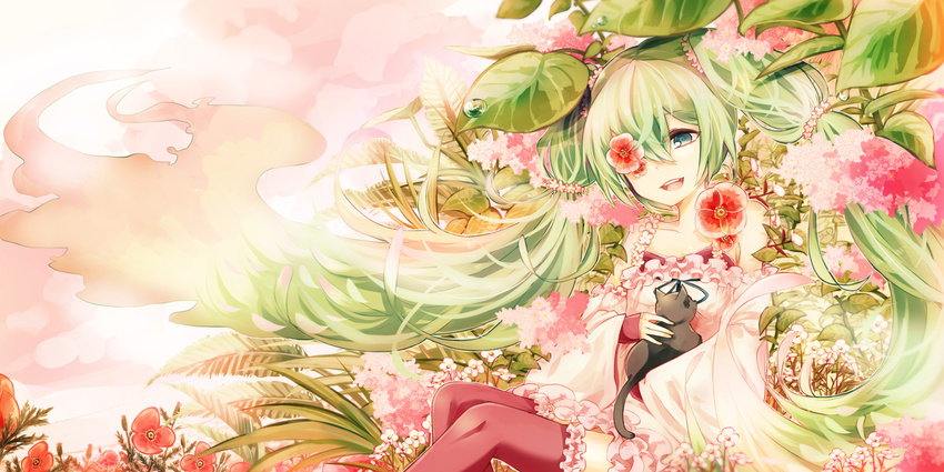 cat detached_sleeves flower green_eyes green_hair hatsune_miku kaio_(watagami) long_hair open_mouth sitting solo thighhighs twintails very_long_hair vocaloid