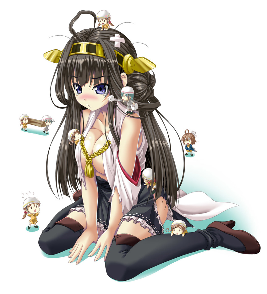 &gt;_&lt; ahoge bandages black_hair blue_eyes blue_hair boots breasts brown_hair chibi chibi_on_head closed_eyes cotton_swab damage_control_crew_(kantai_collection) detached_sleeves giantess hair_bobbles hair_ornament hairband hardhat helmet high_heel_boots high_heels highres japanese_clothes kantai_collection kongou_(kantai_collection) large_breasts md5_mismatch messy_hair minigirl miniskirt multiple_girls nontraditional_miko noritama_(gozen) on_head open_mouth ponytail puckered_lips sitting skirt sweatdrop tears thigh_boots thighhighs torn_clothes twintails wariza zettai_ryouiki