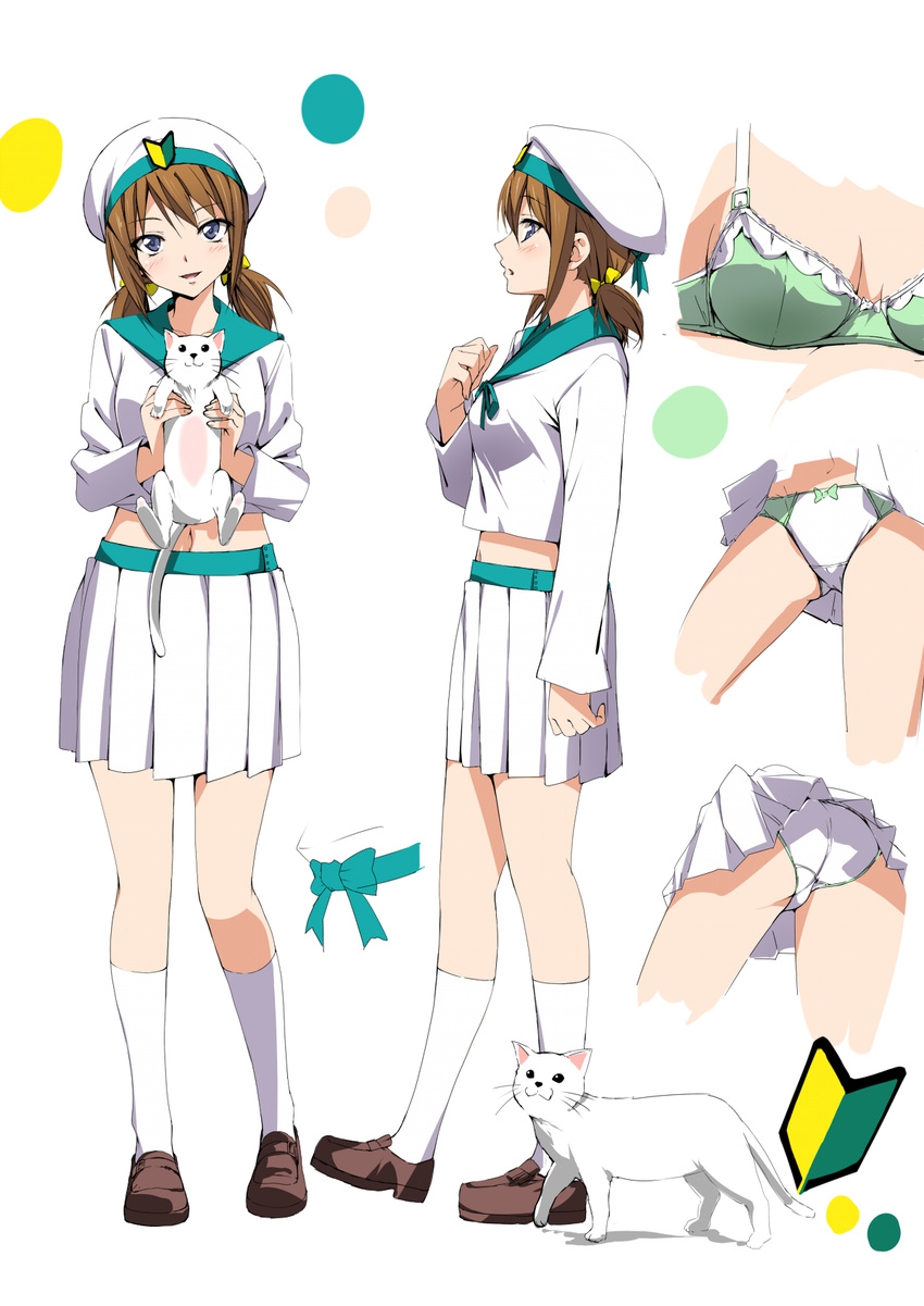 animal batsubyou blue_eyes bow bow_bra bra breasts brown_hair cat color_guide error_musume girl_holding_a_cat_(kantai_collection) green_bra hair_ribbon hat highres holding holding_animal humanization kantai_collection looking_at_viewer marimotencho medium_breasts midriff multiple_views navel open_mouth panties pantyshot ribbon sailor school_uniform serafuku shoshinsha_mark skirt skirt_lift twintails underwear white_panties