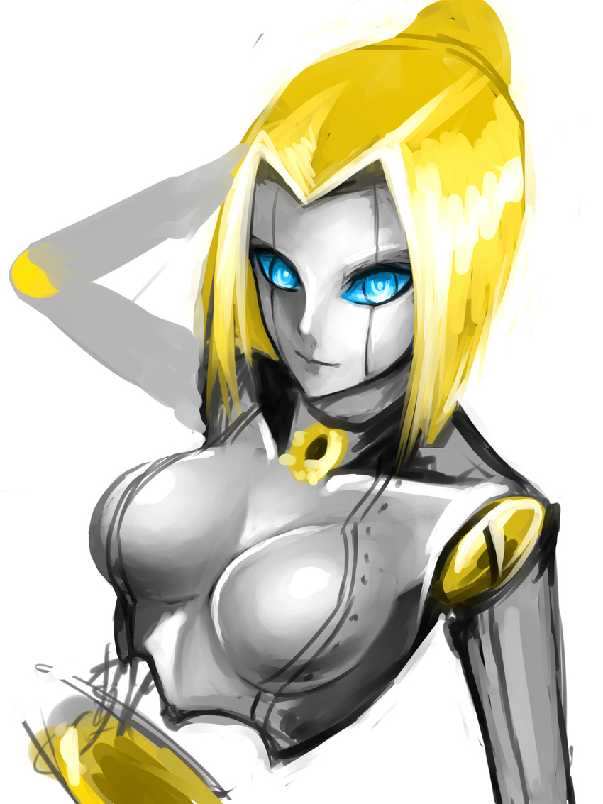 blonde_hair blue_eyes breasts highres kumiko_shiba league_of_legends medium_breasts no_nipples orianna_reveck robot short_hair solo