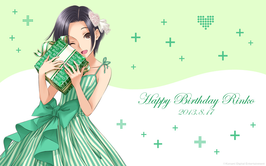 ;d black_hair bow brown_eyes copyright_name dress gift hair_ornament hairclip happy_birthday highres kobayakawa_rinko love_plus mino_tarou official_art one_eye_closed open_mouth short_hair smile solo striped striped_dress vertical-striped_dress vertical_stripes wallpaper