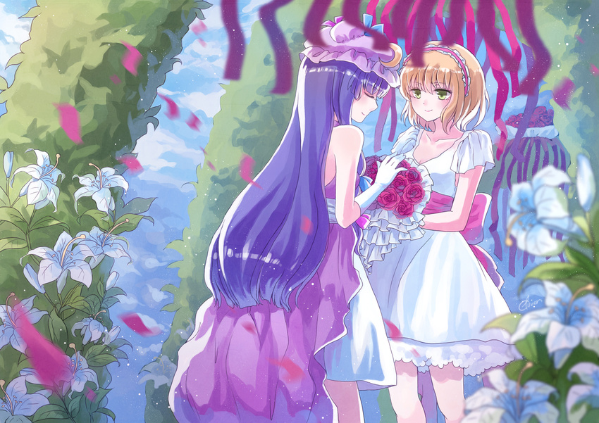 alice_margatroid alternate_costume blonde_hair blue_sky blurry bouquet bow bride closed_eyes collarbone crescent day depth_of_field dress elbow_gloves flower gloves green_eyes hairband hat hat_ribbon li_luo lily_(flower) lolita_hairband long_hair looking_at_another mob_cap multiple_girls patchouli_knowledge purple_hair red_flower red_rose ribbon rose sash short_hair sky smile strapless strapless_dress streamers touhou tree very_long_hair wedding_dress wife_and_wife yuri