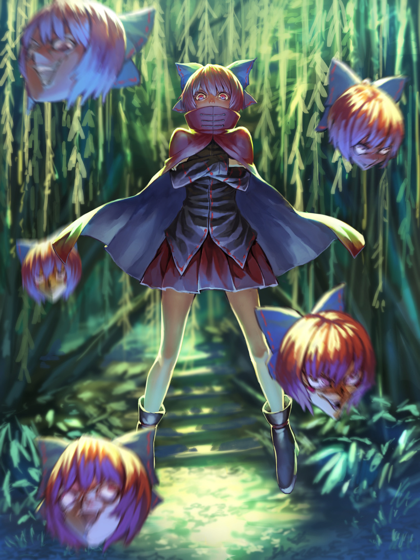 benitama blurry bow cape collaboration covered_mouth crossed_arms depth_of_field disembodied_head floating hair_bow head highres open_mouth pisoshi red_eyes red_hair sekibanki shoes short_hair skirt smile solo stairs touhou willow