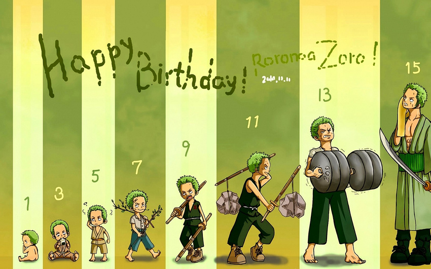 1boy age_progression baby barefoot birthday child full_body green_hair haramaki highres male male_focus multiple_persona one_piece roronoa_zoro solo stick striped striped_background sword weapon weights