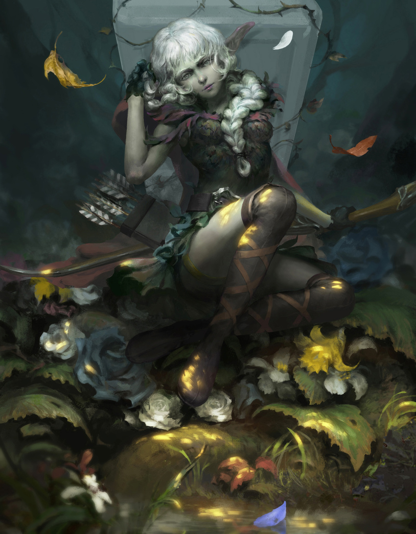 arrow belt boots bow_(weapon) braid brown_eyes cloak dragon's_crown elf elf_(dragon's_crown) flower gloves highres hood leaf long_hair looking_at_viewer mad_jojo md5_mismatch pointy_ears rose shorts silver_hair sitting solo thigh_boots thighhighs twin_braids weapon white_flower white_rose