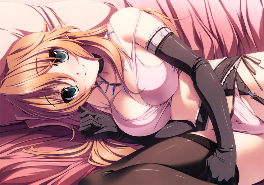 black_gloves black_legwear blush breasts brown_hair cattleya_moonflower choker cleavage elbow_gloves garter_belt gloves highres hyakka_ryouran_elixir jewelry long_hair lying medium_breasts necklace on_side panties pink_panties senomoto_hisashi side-tie_panties smile solo thighhighs underwear