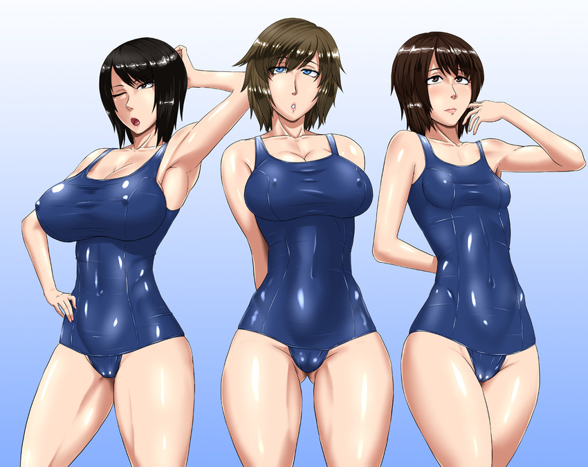 3girls asou_misaki bikini black_eyes black_hair blue_eyes breasts brown_eyes brown_hair fatal_frame fatal_frame_4 highres large_breasts minazuki_ruka ml multiple_girls original school_swimsuit short_hair swimsuit tsukimori_madoka