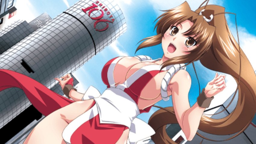 1girl armpits bare_shoulders blue_sky breasts brown_eyes brown_hair building collarbone curvy fan fatal_fury female happy highleg highres hips huge_breasts king_of_fighters legs long_hair long_ponytail lying muscle ninja no_bra open_mouth ponytail queen's_gate queen's_gate running shiny shiny_skin shiranui_mai simple_background sky smile snk solo tongue wide_hips
