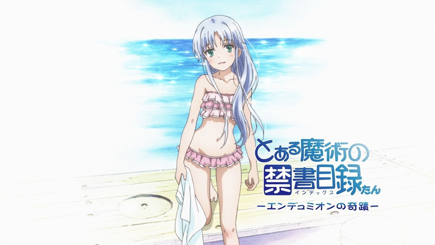 frilled_swimsuit frills green_eyes iguchi_yuka index long_hair non-web_source official_art photo-referenced screencap seiyuu_connection silver_hair smile swimsuit to_aru_majutsu_no_index to_aru_majutsu_no_index:_endymion_no_kiseki water