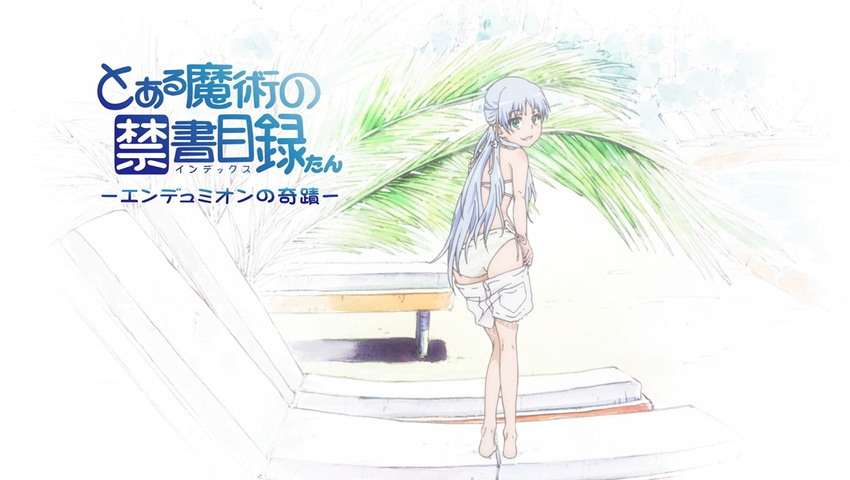 ass bikini flower green_eyes hair_flower hair_ornament iguchi_yuka index long_hair looking_back non-web_source official_art photo-referenced pool screencap seiyuu_connection shorts silver_hair smile solo swimsuit to_aru_majutsu_no_index to_aru_majutsu_no_index:_endymion_no_kiseki undressing water white_bikini