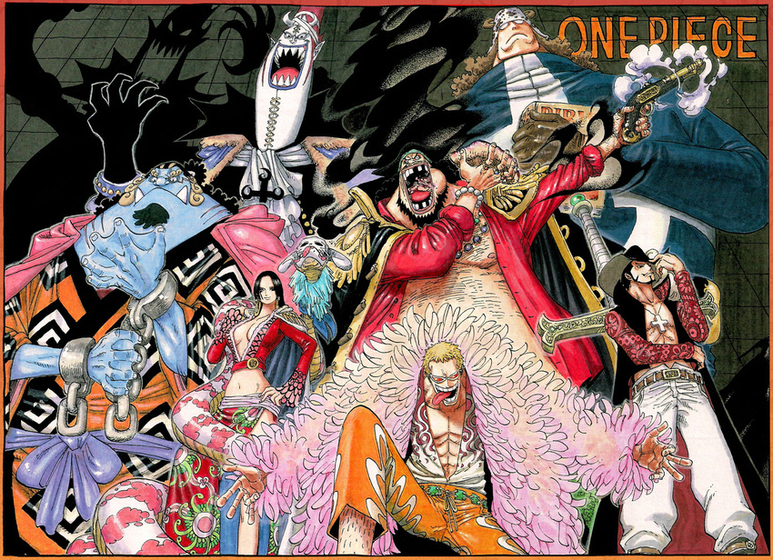 1girl 2009 6+boys bartholomew_kuma belt bible black_hair blonde_hair blue_skin boa_hancock book border breasts chains cleavage copyright_name cover cover_page crossed_arms cuffs donquixote_doflamingo dracule_mihawk gecko_moria gun handgun hands_on_hips hat highres jacket jimbei marshall_d_teach monster_boy multiple_boys oda_eiichirou official_art one_piece open_clothes open_jacket pale_skin pistol purple_hair salome_(one_piece) sash shadow shichibukai size_difference snake standing sunglasses sword tongue tusks weapon