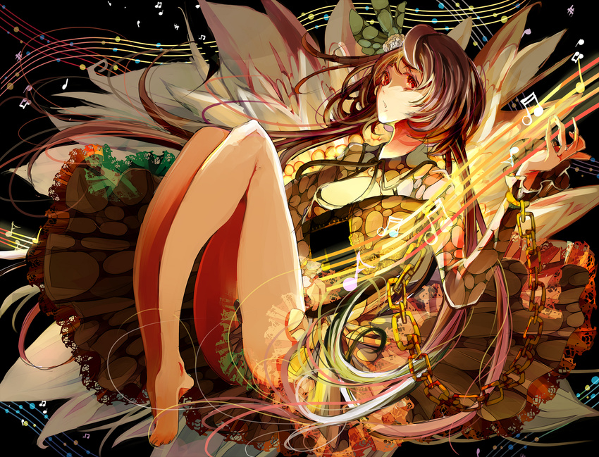 barefoot biwa_lute chain flower hair_flower hair_ornament highres hiiragino instrument long_hair lute_(instrument) musical_note purple_hair red_eyes solo staff_(music) touhou tsukumo_benben twintails