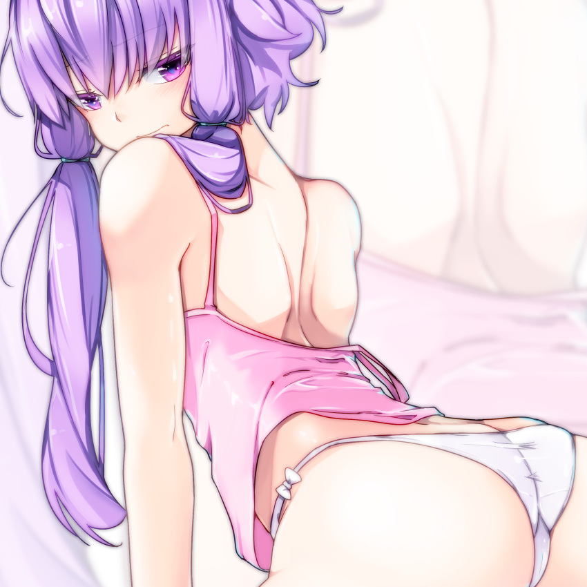 1girl absurdres ass back bare_arms bare_back bare_shoulders blush commentary_request eyebrows_visible_through_hair from_behind hair_between_eyes hair_ornament hair_over_shoulder highres looking_at_viewer nightgown off_shoulder panties pon_(shind_997) purple_eyes purple_hair purple_nightgown short_hair_with_long_locks solo twintails underwear voiceroid white_panties yuzuki_yukari zooming_in