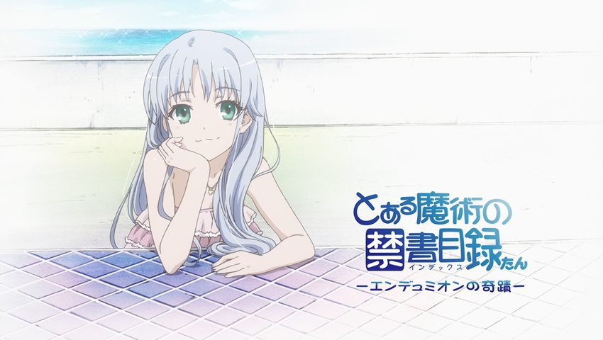 frilled_swimsuit frills green_eyes iguchi_yuka index jewelry long_hair looking_at_viewer necklace non-web_source official_art photo-referenced screencap seiyuu_connection silver_hair smile solo swimsuit to_aru_majutsu_no_index to_aru_majutsu_no_index:_endymion_no_kiseki