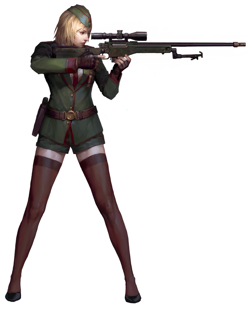absurdres blonde_hair counter-strike gloves green_eyes highres military rifle sniper_rifle thighhighs
