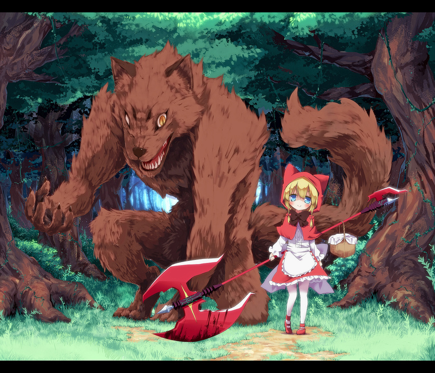 animal apron axe ayakashi_(monkeypanch) basket battle_axe blonde_hair blood bloody_weapon blue_eyes bow braid capelet fangs forest grass hat hat_with_ears highres hood huge_weapon letterboxed little_red_riding_hood little_red_riding_hood_(grimm) long_sleeves looking_at_viewer nature original oversized_animal plant red_capelet red_eyes red_footwear shoes smile tree twin_braids vines weapon wolf