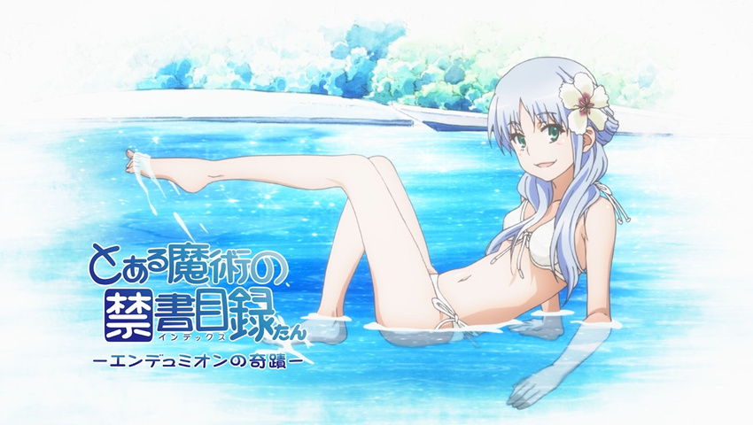 barefoot bikini flower green_eyes hair_flower hair_ornament iguchi_yuka index long_hair non-web_source official_art photo-referenced screencap seiyuu_connection silver_hair smile solo swimsuit to_aru_majutsu_no_index to_aru_majutsu_no_index:_endymion_no_kiseki water white_bikini