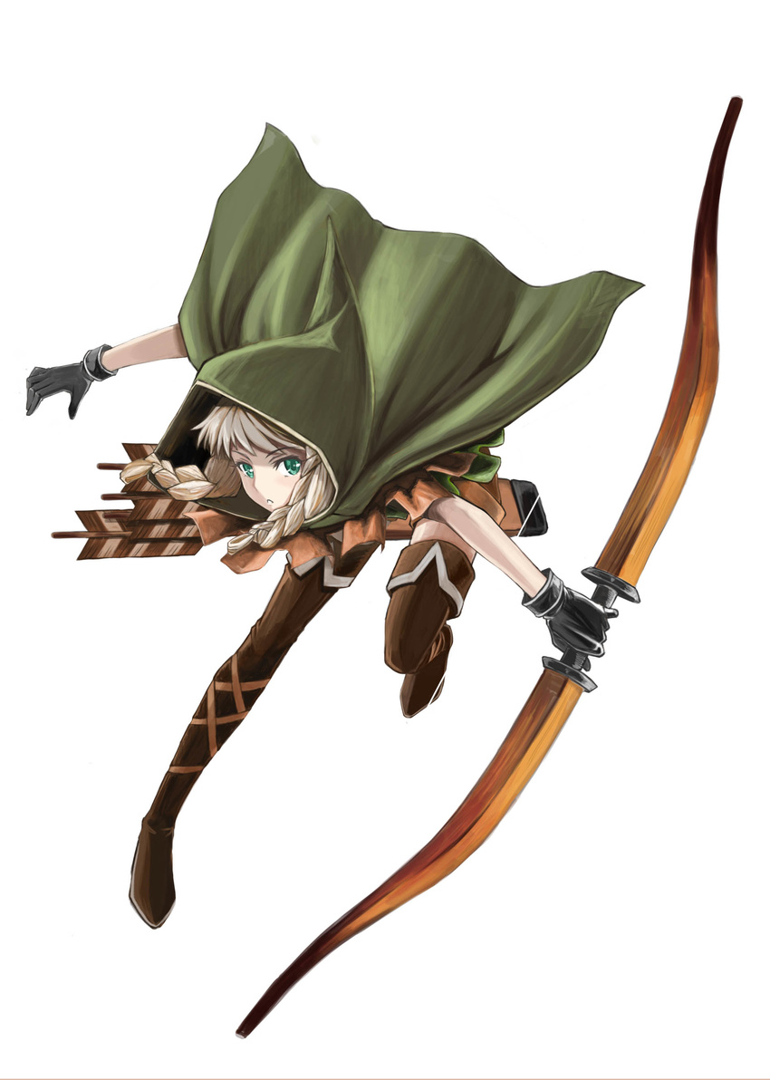 absurdres arrow boots bow_(weapon) braid cloak dragon's_crown elf elf_(dragon's_crown) gloves green_eyes highres hood long_hair nonburn open_mouth pointy_ears silver_hair simple_background solo thigh_boots thighhighs twin_braids weapon white_background