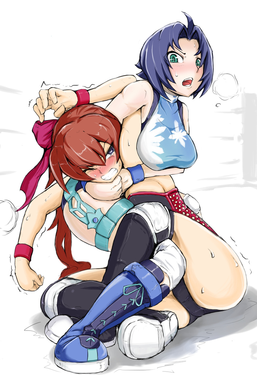 bad_id bad_pixiv_id blue_hair boots bow breasts brown_hair green_eyes hair_bow hair_ribbon highres knee_pads large_breasts leotard long_hair lucky_uchida multiple_girls nexas ponytail purple_eyes ribbon short_hair sweat thigh_boots thighhighs thunder_ryuko wrestle_angels wrestle_angels_survivor wrestling wrestling_outfit wrestling_ring