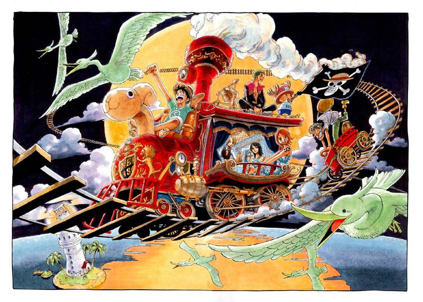 2004 bell bird black_hair cover cover_page flying going_merry green_hair hat highres lighthouse monkey_d_luffy moon nami nami_(one_piece) nico_robin ocean oda_eiichirou official_art one_piece orange_hair railroad_tracks roronoa_zoro sandals sanji smile straw_hat tony_tony_chopper train train_tracks usopp