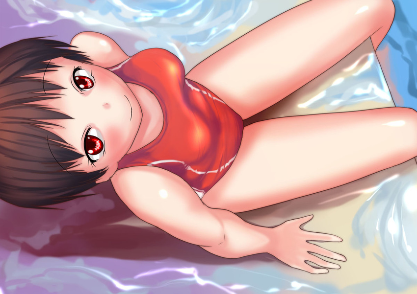 brown_hair bun_(c56160) competition_swimsuit looking_up one-piece_swimsuit original red_eyes red_swimsuit short_hair sitting smile solo swimsuit water