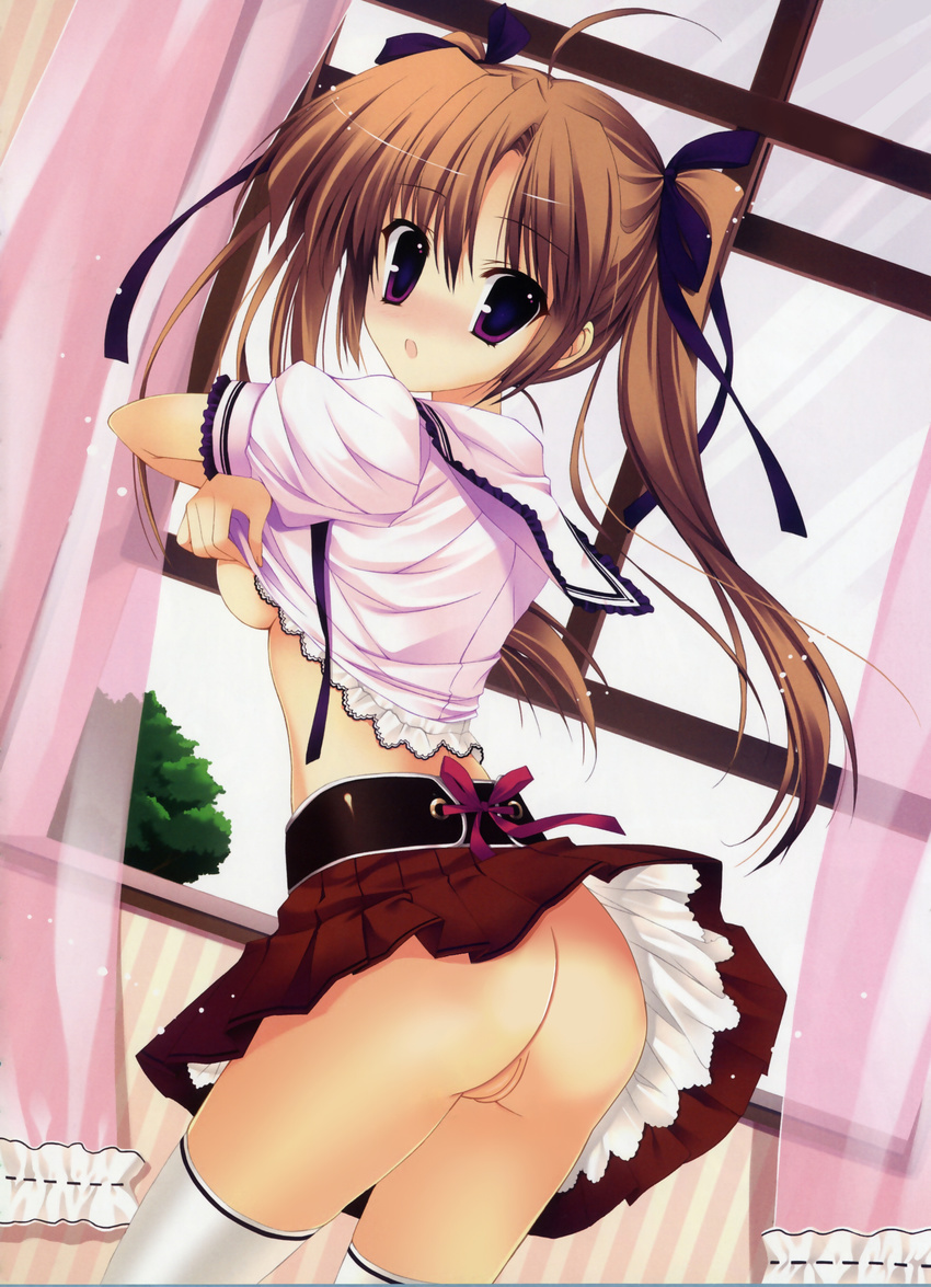 1girl blush breasts brown_hair hair_ribbon highres long_hair looking_at_viewer mitha open_mouth petticoat purple_eyes pussy ribbon solo thighhighs twintails uncensored underboob undressing upskirt