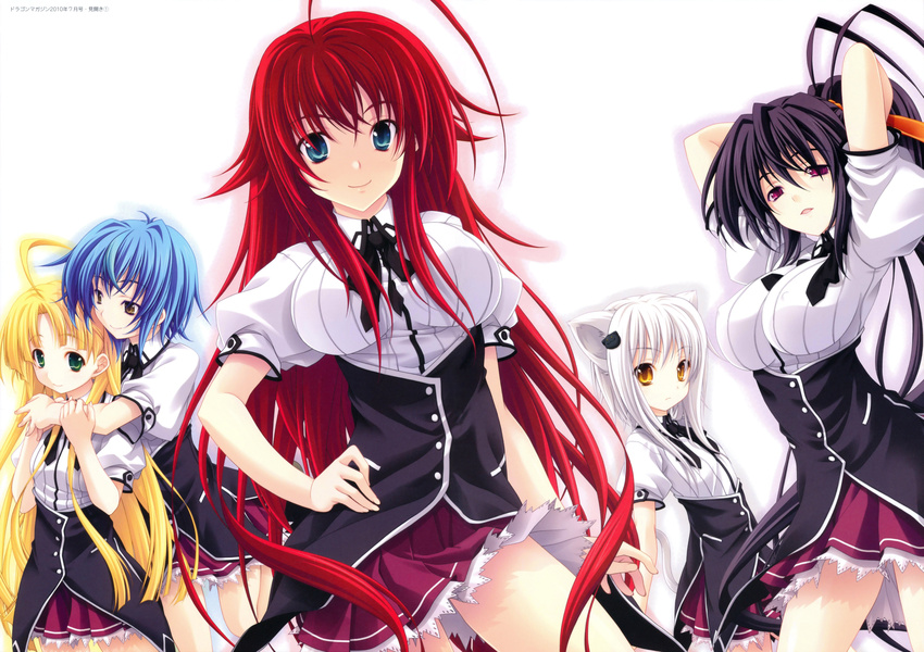 5girls absurdres ahoge animal_ears asia_argento blonde_hair blue_eyes blue_hair cat_ears cat_hair_ornament green_eyes hair_ornament high_school_dxd highres himejima_akeno long_hair miyama-zero multiple_girls official_art red_hair rias_gremory school_uniform short_hair silver_hair toujou_koneko white_hair xenovia_(high_school_dxd) yellow_eyes