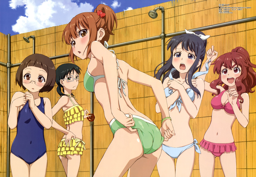 :d absurdres adjusting_clothes adjusting_swimsuit amasaki_manamu ass bikini black_hair blue_eyes blue_hair breasts brown_eyes brown_hair cleavage covered_navel enomoto_yuiko eyebrows flat_chest frilled_bikini frills glasses green_eyes highres kurahashi_riko large_breasts long_hair looking_back love_lab maki_natsuo megami midriff mizushima_sayori multiple_girls navel official_art one-piece_swimsuit open_mouth ponytail school_swimsuit short_hair shower_head smile swimsuit tanahashi_suzune v-shaped_eyebrows