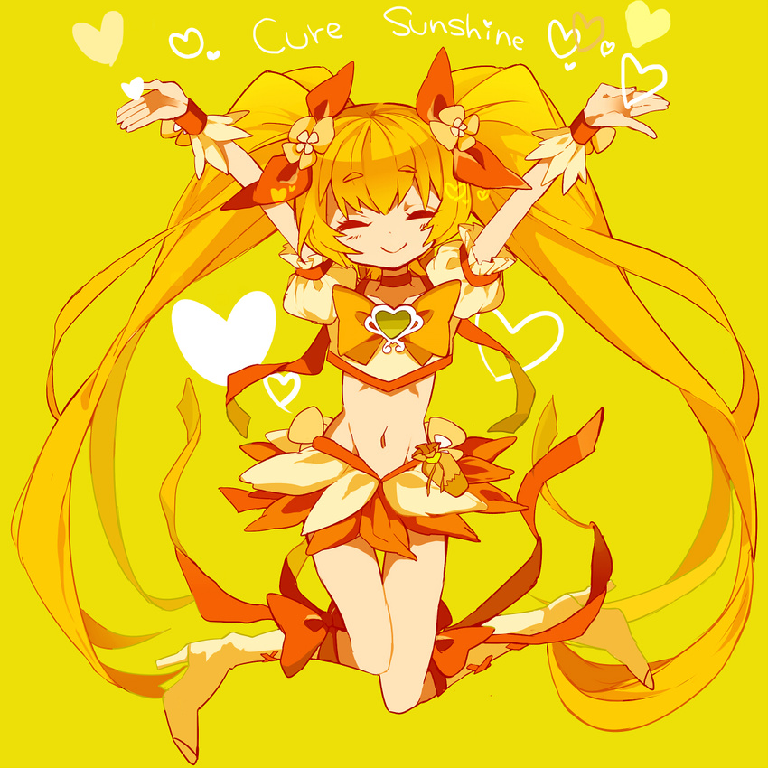 arms_up blonde_hair bow character_name choker closed_eyes cure_sunshine green_background heart heartcatch_precure! jumping long_hair midriff myoudouin_itsuki navel orange_bow orange_choker orange_skirt outstretched_arms precure simple_background skirt smile solo twintails yuucho_(cololal)
