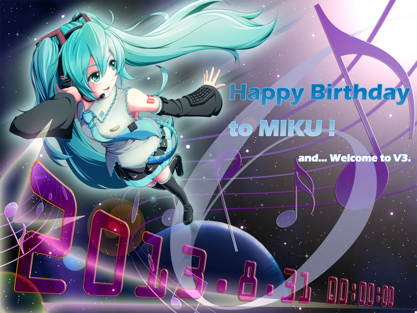 2013 aqua_eyes aqua_hair beamed_eighth_notes character_name dated dotted_quarter_note eighth_note half_note happy_birthday hatsune_miku headset long_hair musical_note necktie sixteenth_note skirt solo staff_(music) thighhighs tinybiard twintails very_long_hair vocaloid