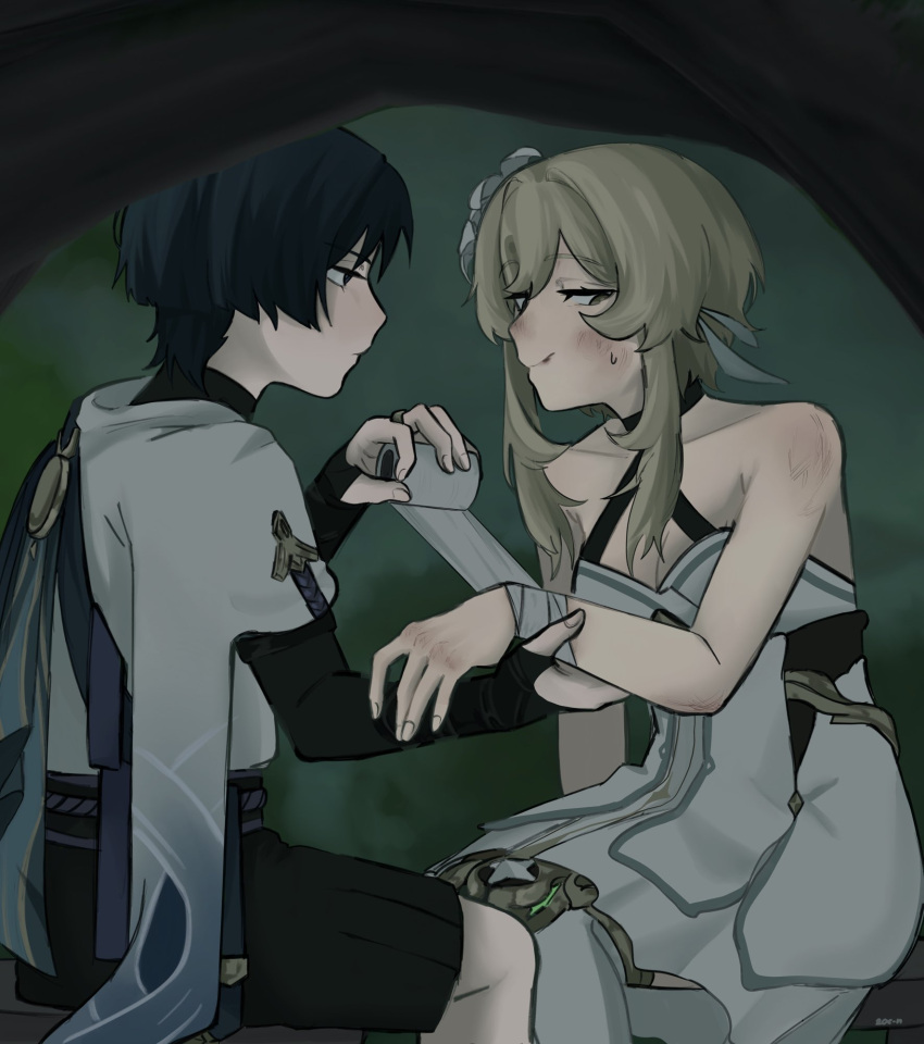 1boy 1girl aqua_trim armor artist_name averting_eyes bandaged_wrist bandages bare_shoulders belt black_belt black_bodysuit black_bridal_gauntlets black_eyes black_hair black_shorts blonde_hair blue_cape bodysuit breasts bridal_gauntlets bruise bruise_on_face bruise_on_shoulder cape cleavage closed_mouth collarbone expressionless fingernails first_aid flower furisode genshin_impact gold gold_ring hair_flower hair_ornament hakama hakama_shorts halterneck highres holding_bandages injury japanese_armor japanese_clothes kimono kote kurokote looking_at_another looking_down lumine_(genshin_impact) middle_ring outdoors pleated_shorts purple_rope purple_sash rope sash scaramouche_(genshin_impact) short_hair short_hair_with_long_locks short_sleeves shorts sidelocks sitting small_breasts sweatdrop taking_shelter thighhighs turtleneck turtleneck_bodysuit wanderer_(genshin_impact) white_flower white_kimono white_sleeves white_thighhighs white_trim zac-n