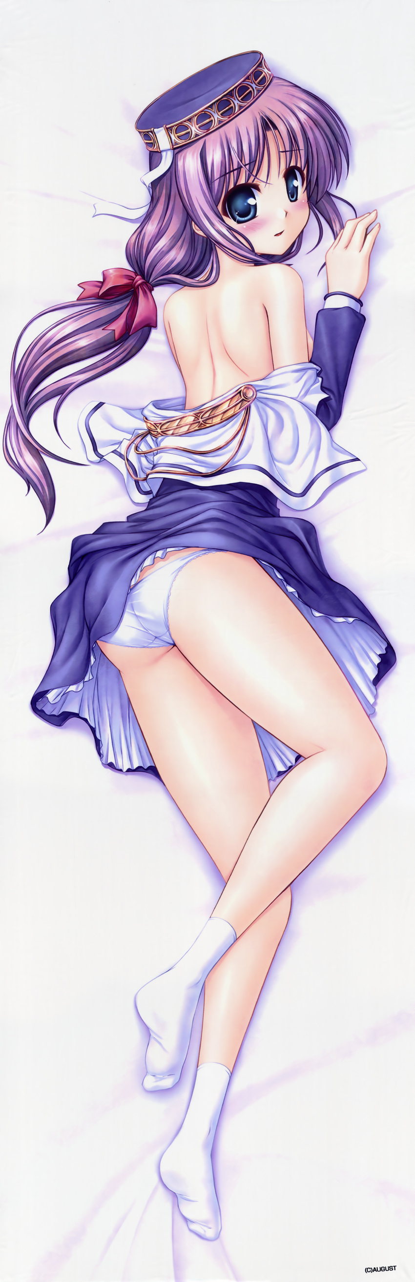 absurdres aiyoku_no_eustia ass bed bed_sheet bekkankou blue_eyes blush dakimakura dress dress_lift dress_pull from_above from_behind full_body hat highres huge_filesize lavria legs looking_at_viewer looking_back lying no_bra off_shoulder on_bed on_stomach panties purple_hair socks solo underwear white_panties