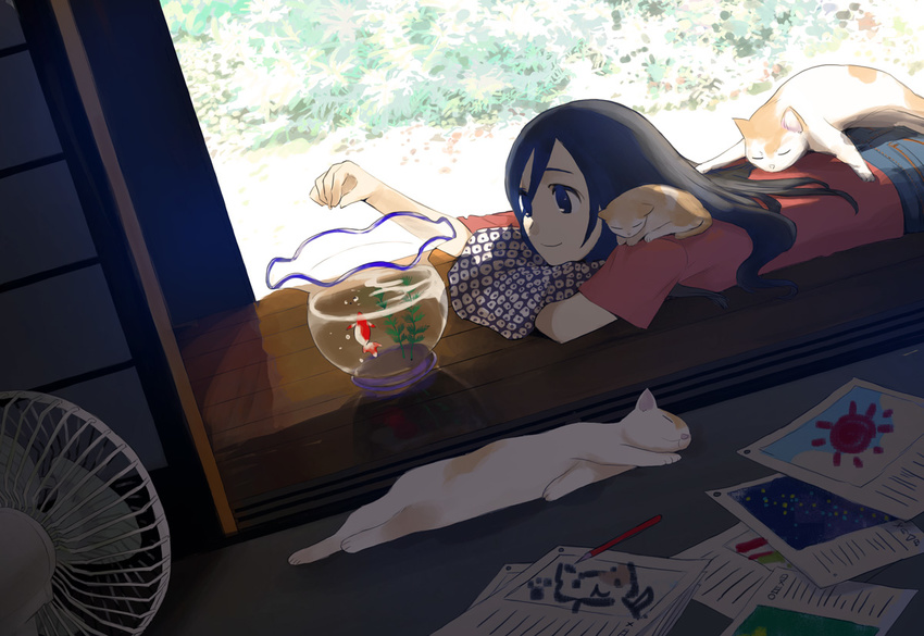 black_eyes black_hair cat closed_mouth day dutch_angle electric_fan feeding fish fishbowl goldfish indoors kitten long_hair lying morifumi on_stomach original paper porch red_shirt shirt short_sleeves smile