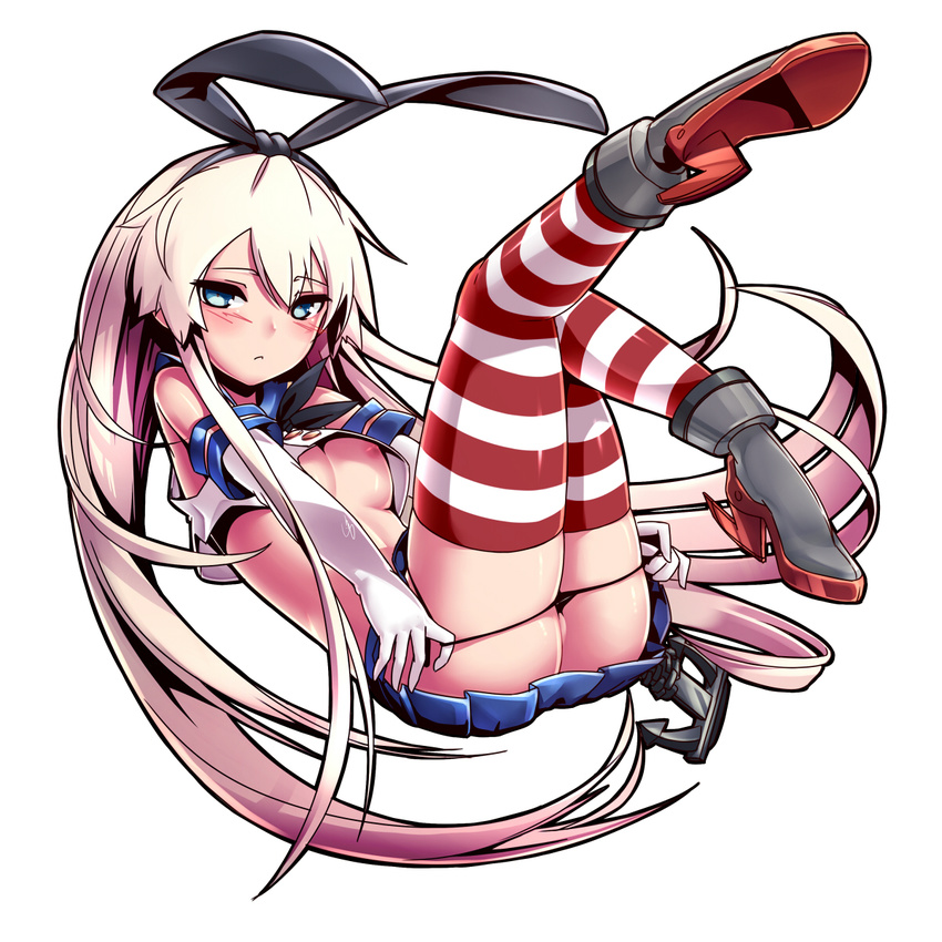 anchor black_panties blonde_hair blue_eyes blush breasts dev elbow_gloves gloves hairband highres kantai_collection long_hair looking_at_viewer nipples panties pussy shimakaze_(kantai_collection) simple_background skirt small_breasts solo striped striped_legwear thighhighs underwear white_background