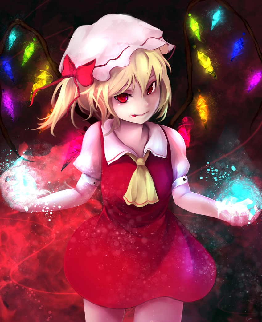 :p absurdres ascot bangs biting blonde_hair blood blood_in_mouth blood_on_face blush bow breasts buttons cowboy_shot crystal dress energy energy_ball fang flandre_scarlet glowing gracehoo hair_between_eyes hair_bow hat hat_bow highres holding light_particles looking_at_viewer looking_to_the_side magic mob_cap outstretched_arms outstretched_hand puffy_short_sleeves puffy_sleeves rainbow_order red_bow red_dress red_eyes red_ribbon ribbon short_hair short_sleeves side_ponytail sidelocks slit_pupils small_breasts solo tongue tongue_out touhou wings yellow_neckwear