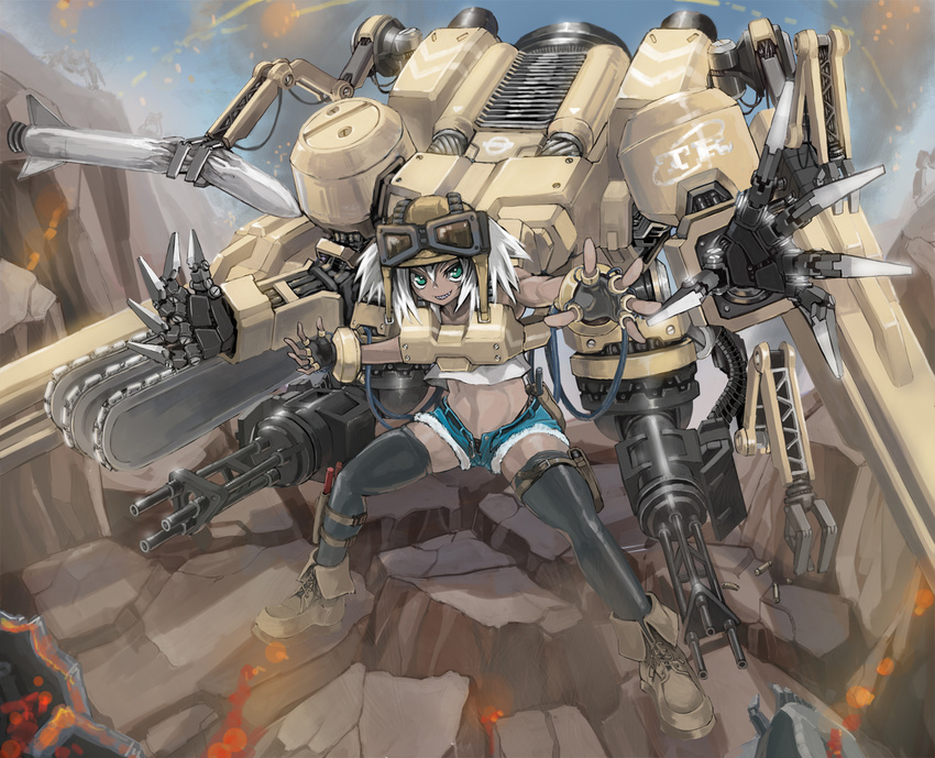 azuki_(azuki-taste) belt black_panties boots chainsaw crop_top crop_top_overhang cutoffs gatling_gun goggles goggles_on_headwear green_eyes grin gun helmet highres holster looking_at_viewer mecha_musume midriff missile mountain multiple_arms open_fly original panties pouch reaching reaching_out robot sharp_teeth shell_casing short_hair short_shorts shorts smile smoke solo sparks teeth thighhighs underwear unfastened unzipped weapon white_hair