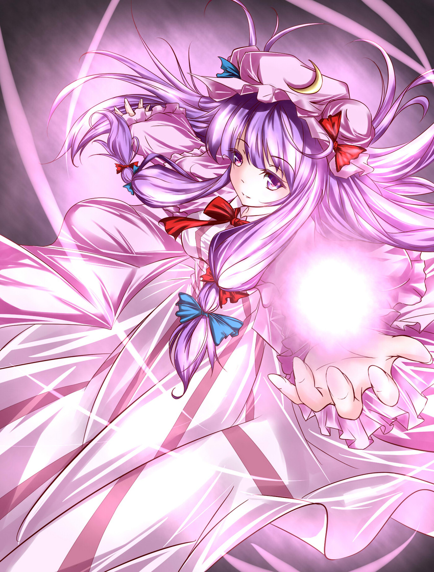 aura aya-on_(miria00) black_background bow crescent double_bun dress energy_ball fingernails hair_bow hat hat_ribbon highres light_trail long_hair looking_at_viewer mob_cap outstretched_arms parted_lips patchouli_knowledge purple_eyes purple_hair ribbon robe sidelocks solo spread_arms striped striped_dress touhou wind wind_lift