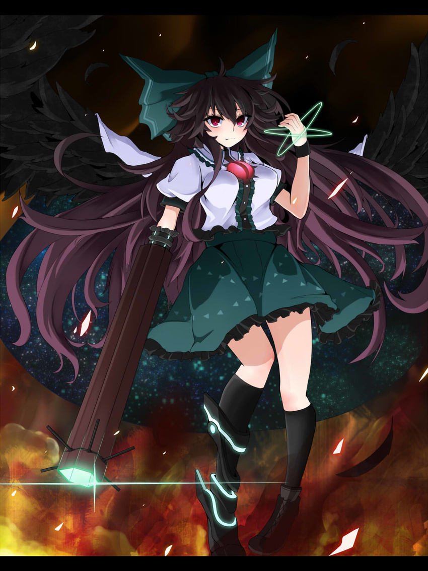 arm_cannon atom bird_wings black_hair black_legwear black_wings bow cape fire glowing glowing_weapon gradient_hair hair_bow highres kneehighs letterboxed long_hair multicolored_hair pigeon-toed puffy_sleeves purple_eyes purple_hair reiuji_utsuho rihito_(usazukin) shirt short_sleeves skirt solo space third_eye touhou very_long_hair weapon wings