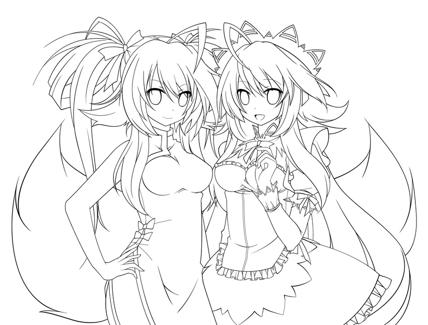 ahoge bad_id bad_pixiv_id breasts china_dress chinese_clothes dress fox_tail gothic_lolita greyscale highres lineart lolita_fashion long_hair looking_at_viewer maid medium_breasts monochrome multiple_girls open_mouth original ribbon smile syno tail twintails