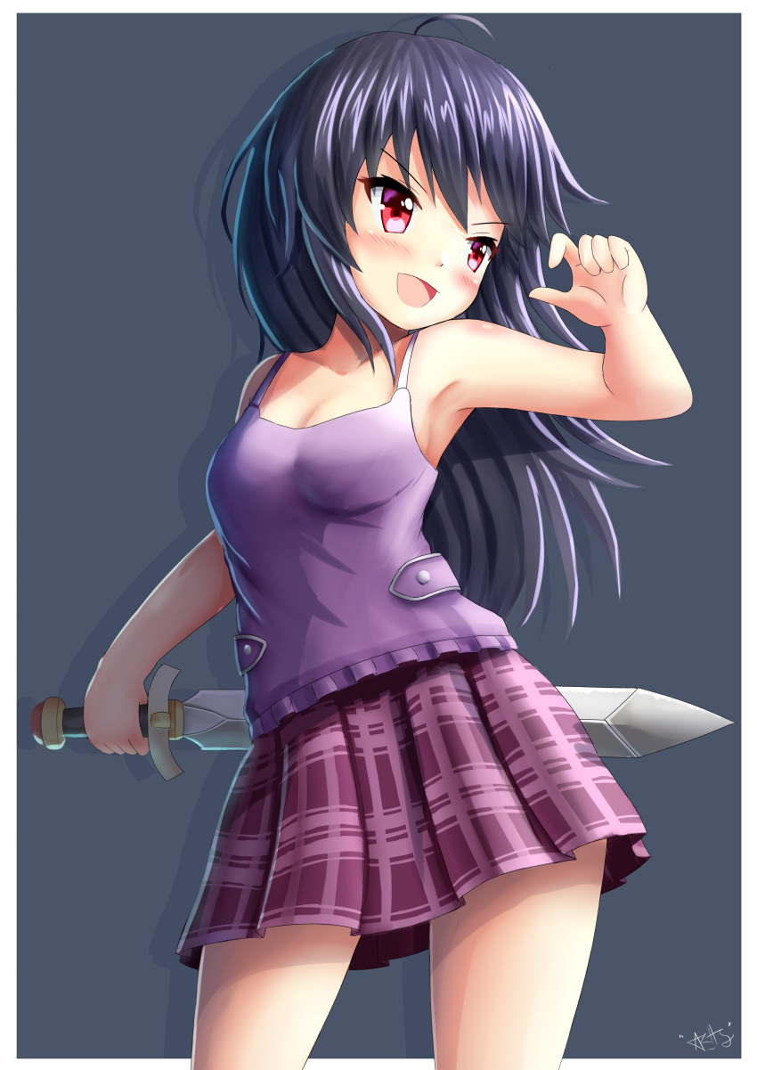 1girl :d absurdres ahoge arlly_radithia armpits bangs bare_arms bare_shoulders black_hair blush breasts camisole commentary commission drop_shadow english_commentary eyebrows_visible_through_hair grey_background highres holding holding_sword holding_weapon long_hair looking_away looking_to_the_side open_mouth original plaid plaid_skirt pleated_skirt purple_camisole purple_skirt red_eyes signature skirt small_breasts smile solo sword two-tone_background v-shaped_eyebrows very_long_hair weapon white_background