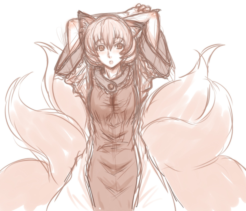 animal_ears arms_behind_head arms_up dress fox_ears fox_tail kuro_suto_sukii kyuubi monochrome multiple_tails no_hat no_headwear open_mouth simple_background sketch solo tabard tail touhou white_background white_dress wide_sleeves yakumo_ran