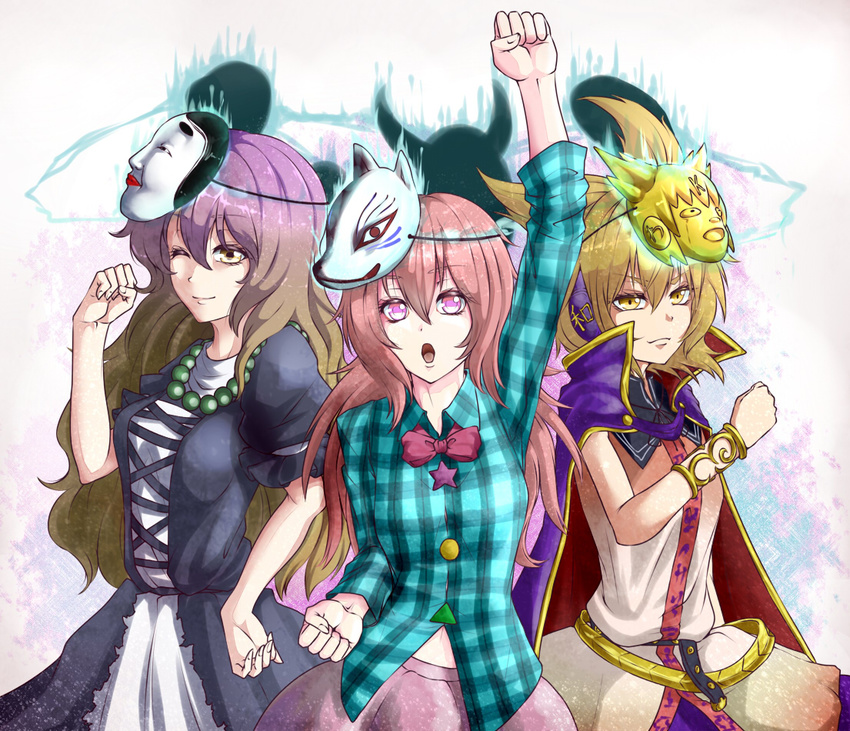 arm_up aura beads blonde_hair bow bowtie bracelet breasts cape clenched_hand cowboy_shot cross-laced_clothes dress earmuffs fox_mask gradient_hair hand_on_hip hata_no_kokoro hijiri_byakuren jewelry long_hair long_sleeves looking_at_viewer mask medium_breasts multicolored_hair multiple_girls new_mask_of_hope noh_mask one_eye_closed open_mouth pink_hair pink_skirt plaid plaid_shirt prayer_beads raised_fist red_bow red_neckwear shika_miso shirt short_hair short_sleeves skirt touhou toyosatomimi_no_miko very_long_hair white_dress