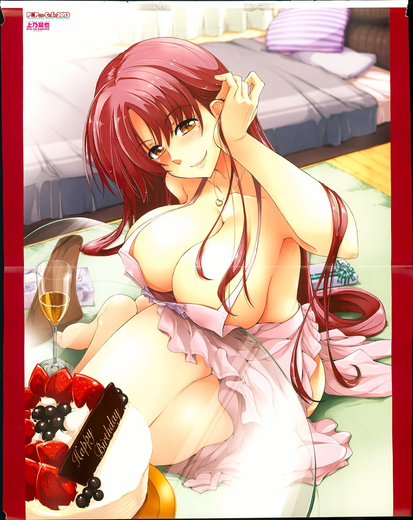 1girl adjusting_hair alcohol apron barefoot bed bed_sheet blush breasts cake collar cream cup curvy drink feet food fruit happy highres huge_breasts kamino_ryuuya long_hair looking_at_viewer mole naked_apron nude pillow red_eyes red_hair sitting smile solo strawberry table wine