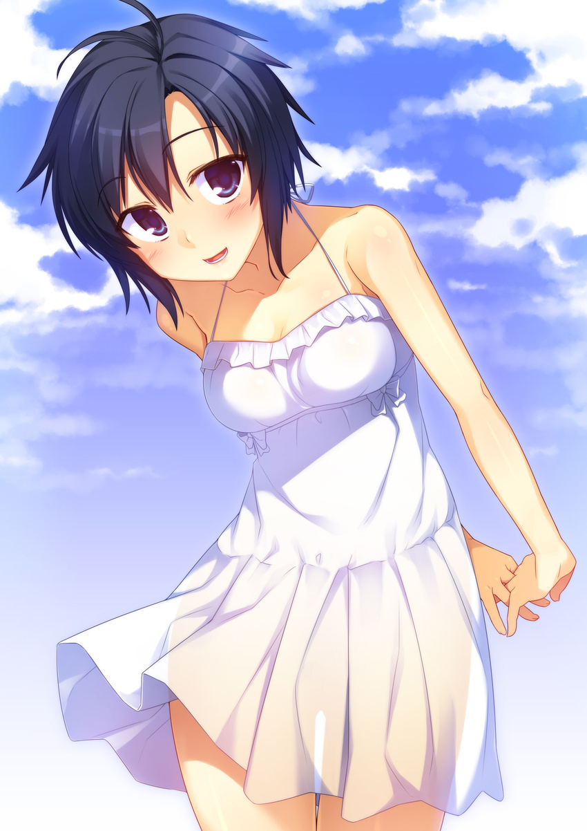 arms_behind_back bare_shoulders black_eyes black_hair breasts cloud day dress highres idolmaster idolmaster_(classic) idolmaster_2 kikuchi_makoto medium_breasts racer_(magnet) see-through see-through_silhouette short_hair smile solo sundress white_dress